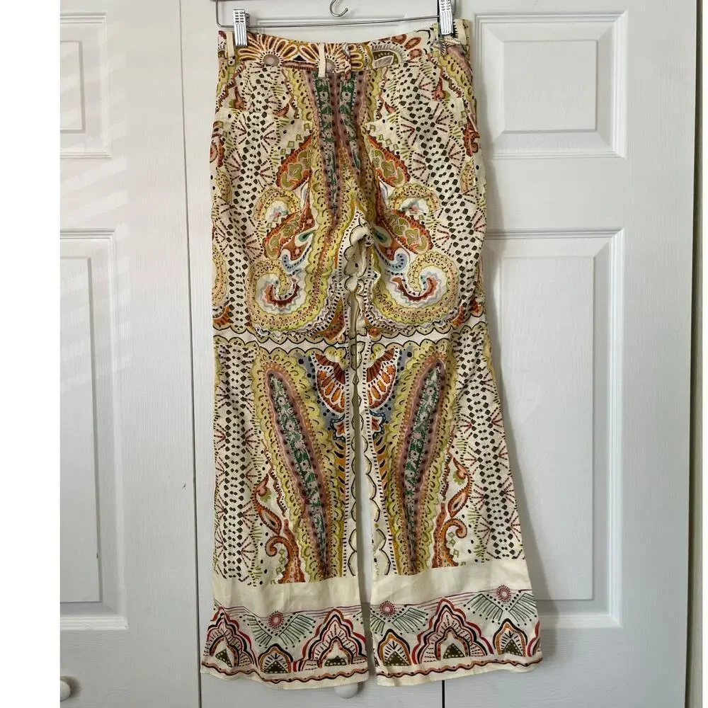 Zara Linen Blend Paisley Printed Cream and Earthtone Flare Leg Pants • Size XS